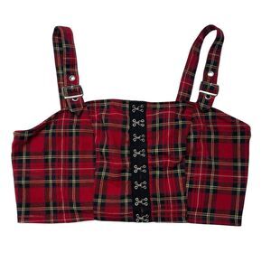 Social Collision Women's Crop Tank Top Red Plaid Y2K Elastic Stretch Size Small